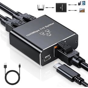 Ethernet Hub, Ethernet Switch 1 to 2 High Speed 1000Mbps, Ethernet Switch with Power Cable, Network Switch Hub for Cat5/5e/6/7/8 Cables (2 Devices Connected to The Network at The Same Time)