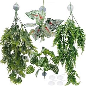 Reptile Plants for Bearded Dragon Tank Accessories, Terrarium Plant Artificial Decor for Snake Cage, Fake Plant for Leopard Gecko Habitat, Lizard Chameleon Ball Pythons (Group BN)