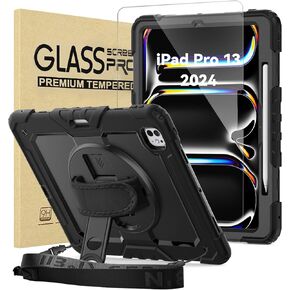 BLOSOMEET Case for iPad Pro 13 Inch 2024 M4 with Tempered Glass Screen Protector & Pencil Holder, Heavy Duty iPad Cover for Pro 13 Inch with Stand Hand Shoulder Strap (Black)