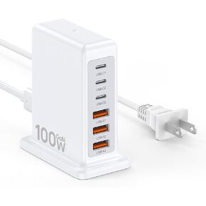 100W USB C Charger Block,6 Ports Fast Wall Charging Station,Type C Charging Hub Travel Desktop Charger Tower Compact Adapter Plug Cube Brick for iPhone 15/14/13,Pro,iPad,Earphones,Galaxy S24/S23/S22