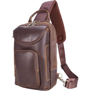 STAR VISTA Triton Vintage Full Grain Leather Sling Bag, Crossbody Chest Daypack, Multi Pockets Backpack, Casual Outdoor Hiking Rucksack, YKK Zippers