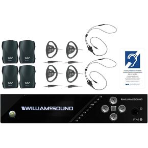 Williams AV FM 557 Large-Area Dual FM Plus and Wi-Fi Assistive Listening System with FM T55 Transmitter, (4) PPA R37N Receivers, (4) EAR 022 Earphones, (2) NKL001 Neckloops and IDP 008 ADA Wall Plaque