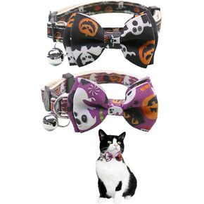 Mixed Styles Shipped,2 Pack Halloween Cat Collars Breakaway with Bow and Bell,Adjustable Cat Collars,Holiday Bow Tie Collar for Girls and Boys,Adjustable from 7.87"-11.81" (Black & Purple)
