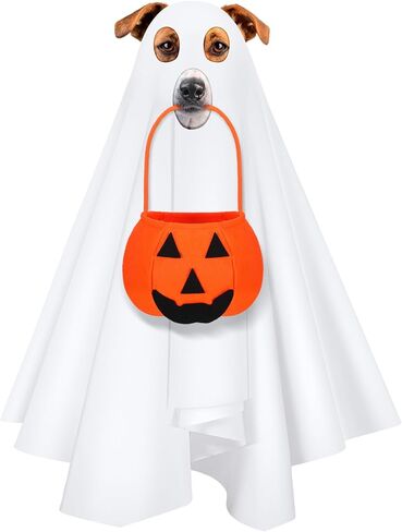 زي Sadnyy Halloween Ghost Dog مع دلو خدعة أو حلوى اليقطين، أزياء شبح بيضاء للكلاب والقطط ودلاء حلوى اليقطين للكلاب والحيوانات الأليفة وحفلات الهالوين التنكرية (متوسطة) in Kuwait