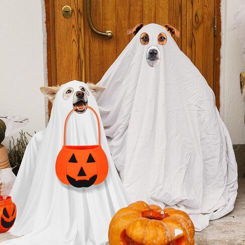 زي Sadnyy Halloween Ghost Dog مع دلو خدعة أو حلوى اليقطين، أزياء شبح بيضاء للكلاب والقطط ودلاء حلوى اليقطين للكلاب والحيوانات الأليفة وحفلات الهالوين التنكرية (متوسطة) in Kuwait