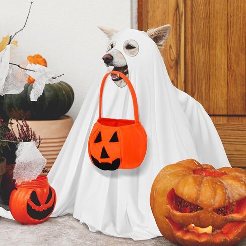 زي Sadnyy Halloween Ghost Dog مع دلو خدعة أو حلوى اليقطين، أزياء شبح بيضاء للكلاب والقطط ودلاء حلوى اليقطين للكلاب والحيوانات الأليفة وحفلات الهالوين التنكرية (متوسطة) in Kuwait