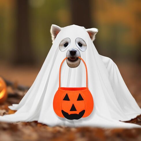 زي Sadnyy Halloween Ghost Dog مع دلو خدعة أو حلوى اليقطين، أزياء شبح بيضاء للكلاب والقطط ودلاء حلوى اليقطين للكلاب والحيوانات الأليفة وحفلات الهالوين التنكرية (متوسطة) in Kuwait