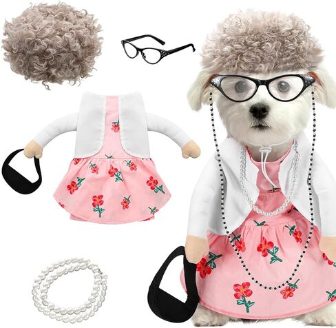 Talltalk 4 Pcs Old Lady Dogs Costume Set Grandma Dogs Costume Set Dog Halloween Costume with Pink Floral Dog Dress Wig Glasses Necklace for Dog Dress up(S Size) in Kuwait