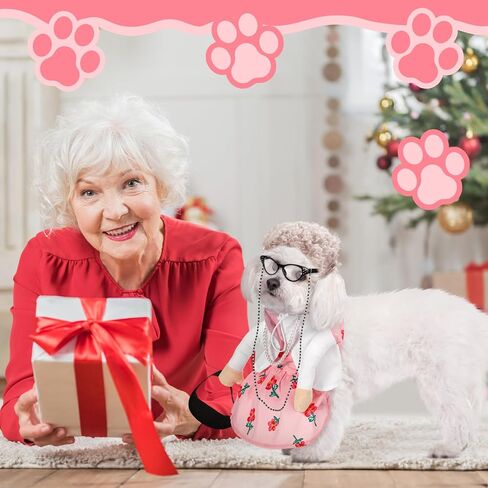 Talltalk 4 Pcs Old Lady Dogs Costume Set Grandma Dogs Costume Set Dog Halloween Costume with Pink Floral Dog Dress Wig Glasses Necklace for Dog Dress up(S Size) in Saudi Arabia