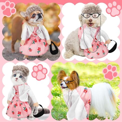 Talltalk 4 Pcs Old Lady Dogs Costume Set Grandma Dogs Costume Set Dog Halloween Costume with Pink Floral Dog Dress Wig Glasses Necklace for Dog Dress up(S Size) in Saudi Arabia