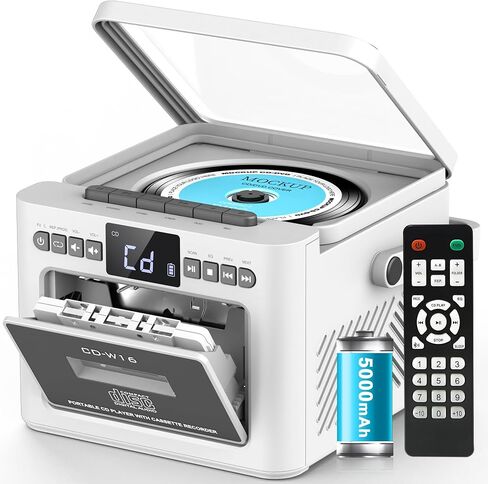 مشغل أقراص مضغوطة محمول من Greadio للمنزل، مشغل كاسيت Boombox قابل لإعادة الشحن، مشغل أقراص مضغوطة راديو مع بلوتوث، جهاز تحكم عن بعد، بطارية 5000 مللي أمبير، USB، AUX، بطاقة TF/SD، مكبر صوت ستيريو مزدوج 5 وات (أبيض) in Saudi Arabia