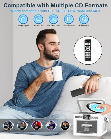 مشغل أقراص مضغوطة محمول من Greadio للمنزل، مشغل كاسيت Boombox قابل لإعادة الشحن، مشغل أقراص مضغوطة راديو مع بلوتوث، جهاز تحكم عن بعد، بطارية 5000 مللي أمبير، USB، AUX، بطاقة TF/SD، مكبر صوت ستيريو مزدوج 5 وات (أبيض) in Saudi Arabia