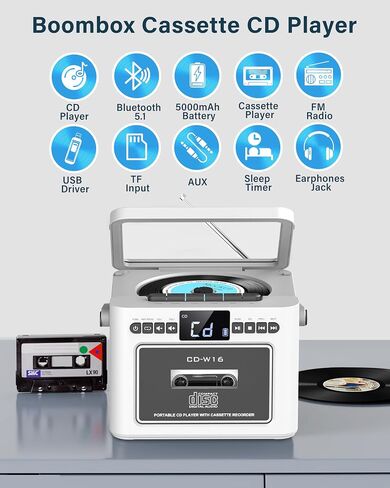 مشغل أقراص مضغوطة محمول من Greadio للمنزل، مشغل كاسيت Boombox قابل لإعادة الشحن، مشغل أقراص مضغوطة راديو مع بلوتوث، جهاز تحكم عن بعد، بطارية 5000 مللي أمبير، USB، AUX، بطاقة TF/SD، مكبر صوت ستيريو مزدوج 5 وات (أبيض) in Saudi Arabia