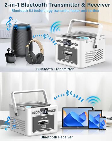 مشغل أقراص مضغوطة محمول من Greadio للمنزل، مشغل كاسيت Boombox قابل لإعادة الشحن، مشغل أقراص مضغوطة راديو مع بلوتوث، جهاز تحكم عن بعد، بطارية 5000 مللي أمبير، USB، AUX، بطاقة TF/SD، مكبر صوت ستيريو مزدوج 5 وات (أبيض) in Saudi Arabia