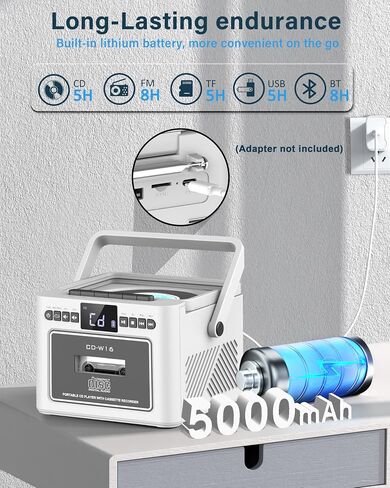 مشغل أقراص مضغوطة محمول من Greadio للمنزل، مشغل كاسيت Boombox قابل لإعادة الشحن، مشغل أقراص مضغوطة راديو مع بلوتوث، جهاز تحكم عن بعد، بطارية 5000 مللي أمبير، USB، AUX، بطاقة TF/SD، مكبر صوت ستيريو مزدوج 5 وات (أبيض) in Saudi Arabia
