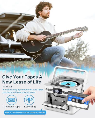 مشغل أقراص مضغوطة محمول من Greadio للمنزل، مشغل كاسيت Boombox قابل لإعادة الشحن، مشغل أقراص مضغوطة راديو مع بلوتوث، جهاز تحكم عن بعد، بطارية 5000 مللي أمبير، USB، AUX، بطاقة TF/SD، مكبر صوت ستيريو مزدوج 5 وات (أبيض) in Saudi Arabia