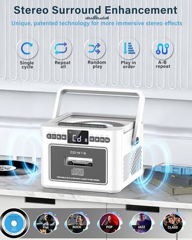 مشغل أقراص مضغوطة محمول من Greadio للمنزل، مشغل كاسيت Boombox قابل لإعادة الشحن، مشغل أقراص مضغوطة راديو مع بلوتوث، جهاز تحكم عن بعد، بطارية 5000 مللي أمبير، USB، AUX، بطاقة TF/SD، مكبر صوت ستيريو مزدوج 5 وات (أبيض) in Saudi Arabia