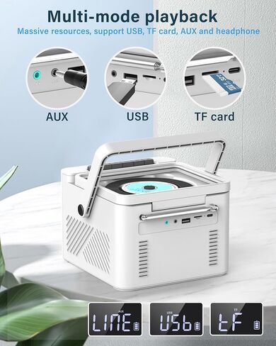 مشغل أقراص مضغوطة محمول من Greadio للمنزل، مشغل كاسيت Boombox قابل لإعادة الشحن، مشغل أقراص مضغوطة راديو مع بلوتوث، جهاز تحكم عن بعد، بطارية 5000 مللي أمبير، USB، AUX، بطاقة TF/SD، مكبر صوت ستيريو مزدوج 5 وات (أبيض) in Saudi Arabia