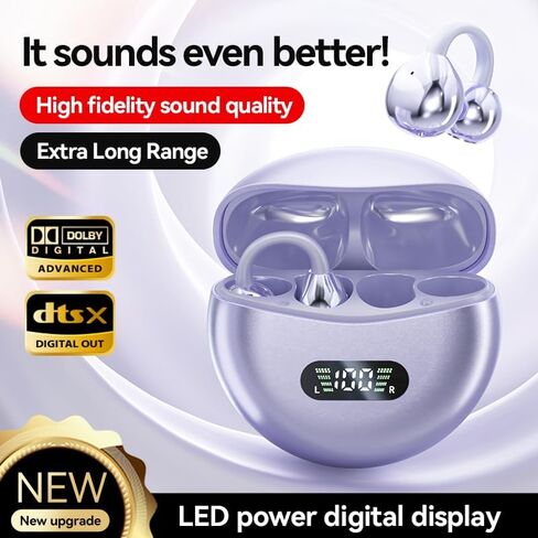 Open Ear Clip Wireless Earbuds Bluetooth 5.3, Sports Earphones Built-in Microphone with Earhooks & Ear Hook, Wireless Charging Case & Display, Waterproof Fitness Headphones for Running in Saudi Arabia