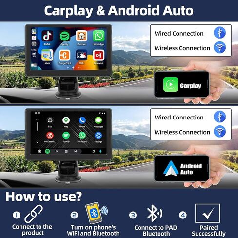 UNITOPSCI 7 بوصة محمولة تعمل باللمس راديو ستيريو للسيارة مع Apple CarPlay اللاسلكي Android Auto Mirror Link بلوتوث التحكم الصوتي Siri CarPlay شاشة صوت السيارة USB/AUX/TF مدخل FM لجميع المركبات in Saudi Arabia