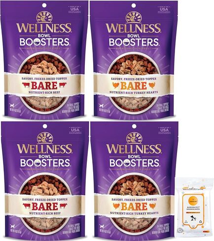 حزمة Aurora Pet (4) معززات وعاء Wellness CORE Bowl خلاط طعام الكلاب المجفف بالتجميد أو الجزء العلوي (2) ديك رومي عاري (2) لحم بقري عاري مع مناديل AuroraPet in Kuwait