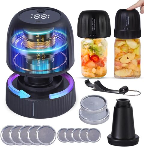 Electric Mason Jar Vacuum Sealer Kit, 3-in-1 Strong Suction, Handheld Rechargeable Sealer for Wide and Regular Mouth Mason Jars, Vacuum Bags, Jar Vacuum Sealer for Food Storage, Canning (Black) in Saudi Arabia