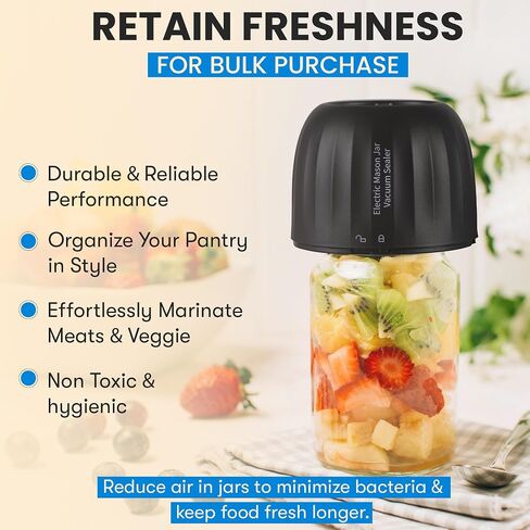Electric Mason Jar Vacuum Sealer Kit, 3-in-1 Strong Suction, Handheld Rechargeable Sealer for Wide and Regular Mouth Mason Jars, Vacuum Bags, Jar Vacuum Sealer for Food Storage, Canning (Black) in Saudi Arabia
