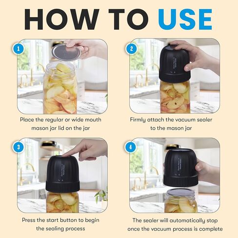 Electric Mason Jar Vacuum Sealer Kit, 3-in-1 Strong Suction, Handheld Rechargeable Sealer for Wide and Regular Mouth Mason Jars, Vacuum Bags, Jar Vacuum Sealer for Food Storage, Canning (Black) in Saudi Arabia