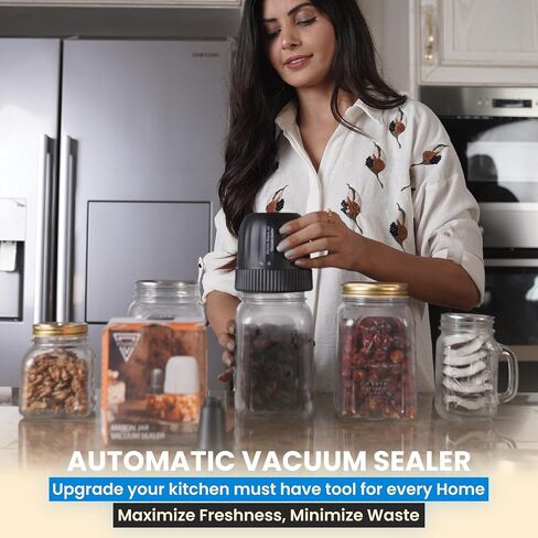 Electric Mason Jar Vacuum Sealer Kit, 3-in-1 Strong Suction, Handheld Rechargeable Sealer for Wide and Regular Mouth Mason Jars, Vacuum Bags, Jar Vacuum Sealer for Food Storage, Canning (Black) in Saudi Arabia