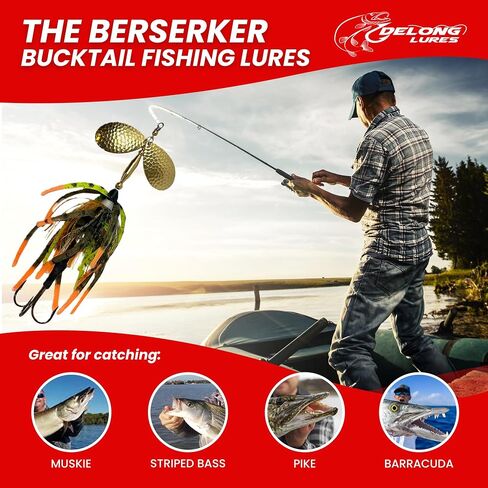 Delong Lures - The Berserker, Bucktail Fishing Lures - Bucktail Jig with Inline Spinner, Musky & Pike Baits Spinnerbaits, Tackle for Freshwater and Saltwater Fishing, Made in USA in Kuwait