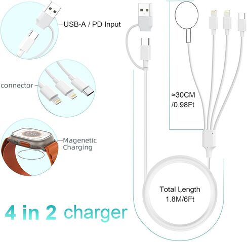 Charger Cable for Apple Watch/iPhone/Airpods Upgraded, 4 in 2 USB C Fast Apple Watch Charger iWatch Charging Cable for iWatch Series 3/4/5/6/7/8/9/SE/Ultra Portable Wireless Charger Cord 6FT/1.8M in Saudi Arabia