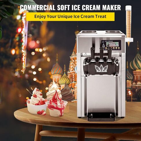 VEVOR Commercial Ice Cream Maker Machine, 2+1 Flavor Countertop Soft Serve Machine, 5 Gal/H Commercial Ice Cream Maker w/Two 3L Hoppers, Soft Ice Cream Machine forRestaurants Snack Bars Supermarkets in Saudi Arabia
