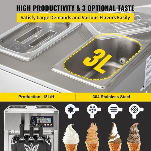 VEVOR Commercial Ice Cream Maker Machine, 2+1 Flavor Countertop Soft Serve Machine, 5 Gal/H Commercial Ice Cream Maker w/Two 3L Hoppers, Soft Ice Cream Machine forRestaurants Snack Bars Supermarkets in Saudi Arabia