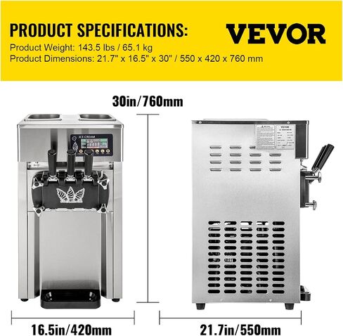 VEVOR Commercial Ice Cream Maker Machine, 2+1 Flavor Countertop Soft Serve Machine, 5 Gal/H Commercial Ice Cream Maker w/Two 3L Hoppers, Soft Ice Cream Machine forRestaurants Snack Bars Supermarkets in Saudi Arabia