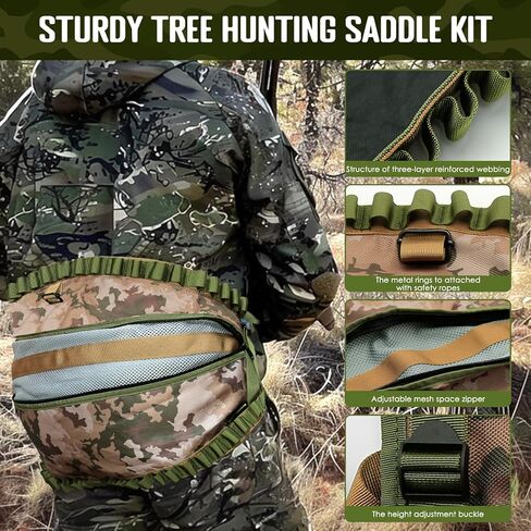 PUNCHMAN Camo Tree Saddle Hunting Kit - طقم سرج للصيد شديد التحمل يحمل ما يصل إلى 300 رطل، سرج تسلق شجرة قابل للتعديل مع 2 من مقابض حبل التسلق وحلقات تسلق، ملحقات صيد الغزلان in Kuwait