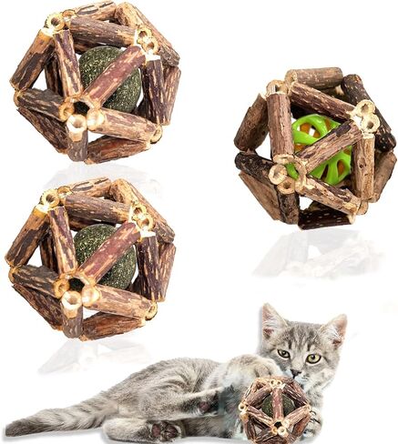 Cat Toys, 4 Packs Catnip Ball Toys, Nature Silvervine Stick Cage Cat Bell Balls, Catnip Toys for Cleaning Teeth, Relaxing Cats, for All Breeds in Saudi Arabia