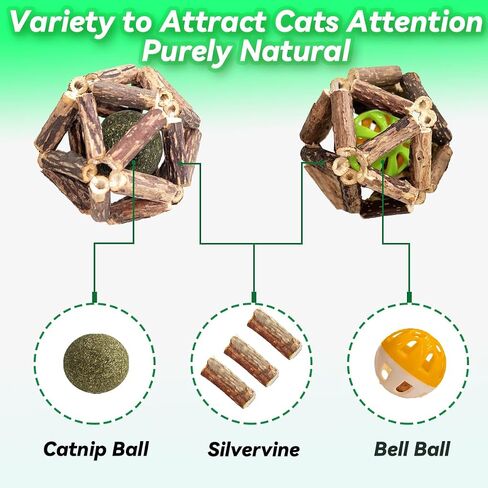 Cat Toys, 4 Packs Catnip Ball Toys, Nature Silvervine Stick Cage Cat Bell Balls, Catnip Toys for Cleaning Teeth, Relaxing Cats, for All Breeds in Saudi Arabia