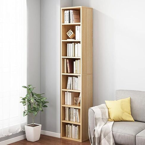 IOTXY Small Narrow Corner Bookcase - 71 Inches Tall Gap Freestanding Storage Cabinet, 8 Lattices Open Shelves Tower Rack, Cubes Bookshelf in Oak in Saudi Arabia