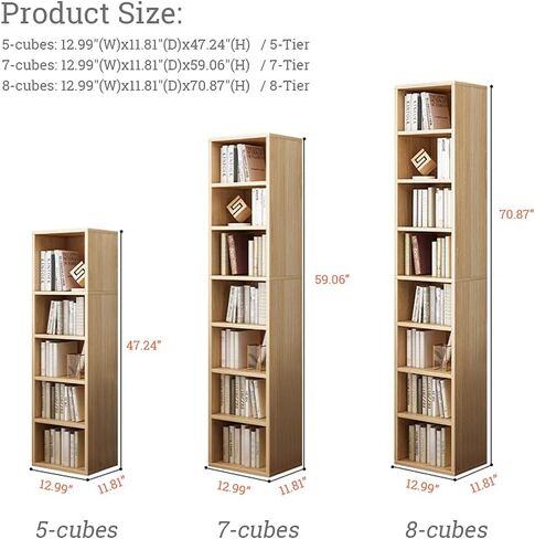 IOTXY Small Narrow Corner Bookcase - 71 Inches Tall Gap Freestanding Storage Cabinet, 8 Lattices Open Shelves Tower Rack, Cubes Bookshelf in Oak in Saudi Arabia