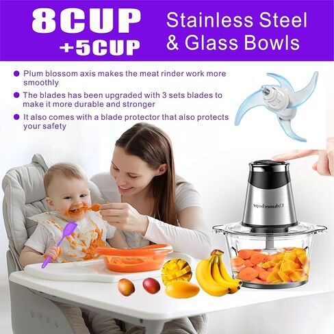 400W Electric Food Processors，Small Meat Grinder with 8 Cup and 5 Cup，2 Speed，Food Chopper Electric with 3 Sets 4 Bi-Level Blades，Meat chopper for home Use & Baby Food in Saudi Arabia