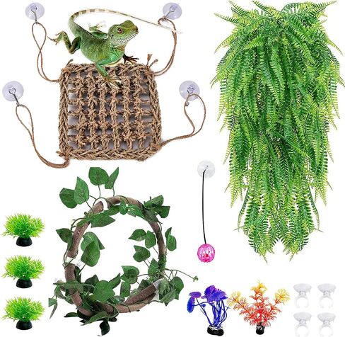 Hamiledyi 10PCS Bearded Dragon Tank Accessories Reptile Hammock with Jungle Vines Artificial Plants Leaves Reptile Terrarium Decoration Set Habitat Decor Accessories for Lizard Gecko Chameleon Snake in Saudi Arabia