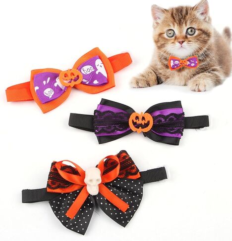 Halloween cat Collar with Bow tie, Detachable Skeleton Kitten tie, Pumpkin Autumn Kitten Collar, Halloween Costume for Cats, Suitable for Both Male and Female Cats in Saudi Arabia