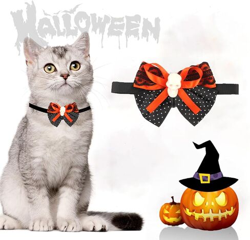Halloween cat Collar with Bow tie, Detachable Skeleton Kitten tie, Pumpkin Autumn Kitten Collar, Halloween Costume for Cats, Suitable for Both Male and Female Cats in Saudi Arabia
