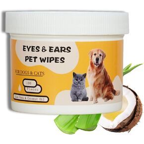 Eye & Ear Wipes for Pets - (100 Count) - Cleanser for Dogs and Cats, Non-Irritating Ingredients; Aloe Essence and Coconut Oil, Specially formulated, Everyday use, Unscented