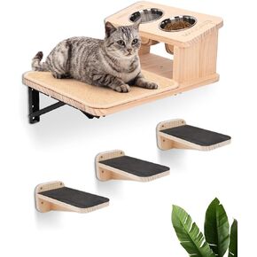Cat Wall Shelves Cat Hammock with 3 Steps Cat Feeding Bowls Station, Cat Shelves and Perches for Wall, Cat Wall Furniture Set, Cat Climbing Shelves Cat Scratching Post