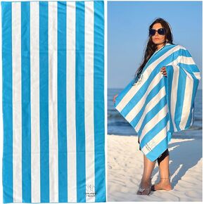 Microfiber Beach Towel, Quick Dry, Compact, Travel-Friendly Towel, Sand Free for Beach, Camping, Swim Pool, Cabana, Gym, Sports & Yoga - Includes Bag - Dark Denim Blue Striped