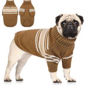 Queenmore Dog Striped Knitted Sweater, Turtleneck Pullover Pet Coat, Dog Winter Clothes with Leash Hole for Small Medium &Large Dogs(Brown,S) in Kuwait