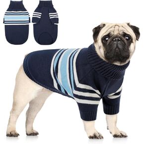 Queenmore Dog Striped Knitted Sweater, Turtleneck Pullover Pet Coat, Dog Winter Clothes with Leash Hole for Small Medium &Large Dogs(Brown,S)