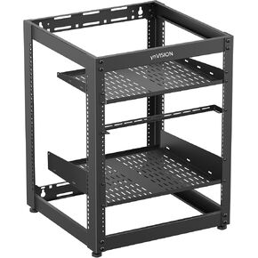 ynVISION.DESIGN 15U Open Frame Skeleton Rack for AV & Servers with 1U and 2U Shelf | Lacer Bar, Leveling Feet, Straps, Mounting Screws, and Rack Screws Included | Wall Mountable