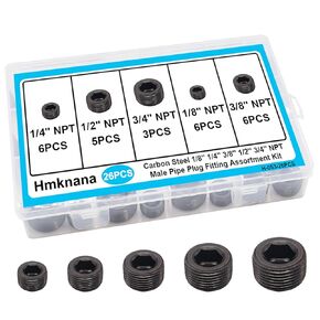 Hmknana 60PCS Black Carbon Steel Pipe Plug Fitting Assortment Kit 5 Sizes 1/8" 1/4" 3/8" 1/2" 3/4" NPT Male Pipe Plug Internal Hex Thread Socket for Sealing Pipe Port H-053